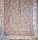 Pastel Pink Organza Saree Embroidery Parsi Border  & Flamingo Bird with Crochet Lace
