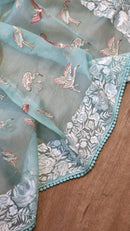 Blue Organza Saree Embroidery Parsi Border  & Flamingo Bird with Crochet Lace