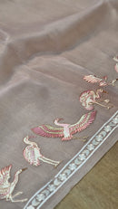 Pastel Pink Organza Saree Embroidery Parsi Border  & Flamingo Bird with Crochet Lace