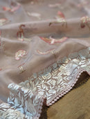 Pastel Pink Organza Saree Embroidery Parsi Border  & Flamingo Bird with Crochet Lace