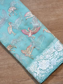 Blue Organza Saree Embroidery Parsi Border  & Flamingo Bird with Crochet Lace