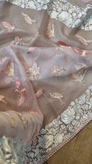 Pastel Pink Organza Saree Embroidery Parsi Border  & Flamingo Bird with Crochet Lace