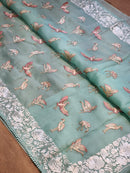 Blue Organza Saree Embroidery Parsi Border  & Flamingo Bird with Crochet Lace