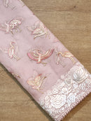 Pastel Pink Organza Saree Embroidery Parsi Border  & Flamingo Bird with Crochet Lace