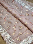 Pastel Pink Organza Saree Embroidery Parsi Border  & Flamingo Bird with Crochet Lace