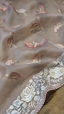 Pastel Pink Organza Saree Embroidery Parsi Border  & Flamingo Bird with Crochet Lace
