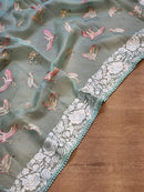 Blue Organza Saree Embroidery Parsi Border  & Flamingo Bird with Crochet Lace