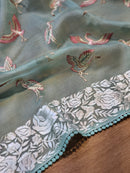 Blue Organza Saree Embroidery Parsi Border  & Flamingo Bird with Crochet Lace
