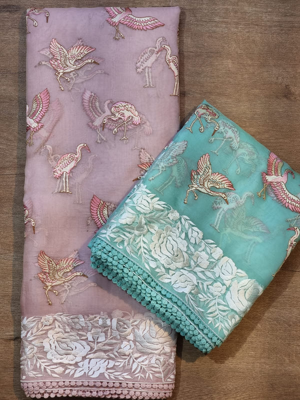 Organza Saree Embroidery Parsi Border  & Flamingo Bird with Crochet Lace