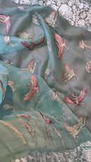 Blue Organza Saree Embroidery Parsi Border  & Flamingo Bird with Crochet Lace