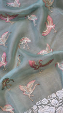 Blue Organza Saree Embroidery Parsi Border  & Flamingo Bird with Crochet Lace