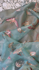 Blue Organza Saree Embroidery Parsi Border  & Flamingo Bird with Crochet Lace