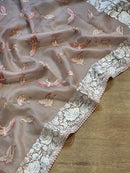 Pastel Pink Organza Saree Embroidery Parsi Border  & Flamingo Bird with Crochet Lace