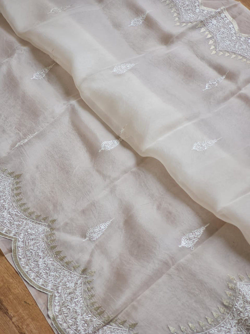 Half White Organza Saree with Embroidery Scallop Border