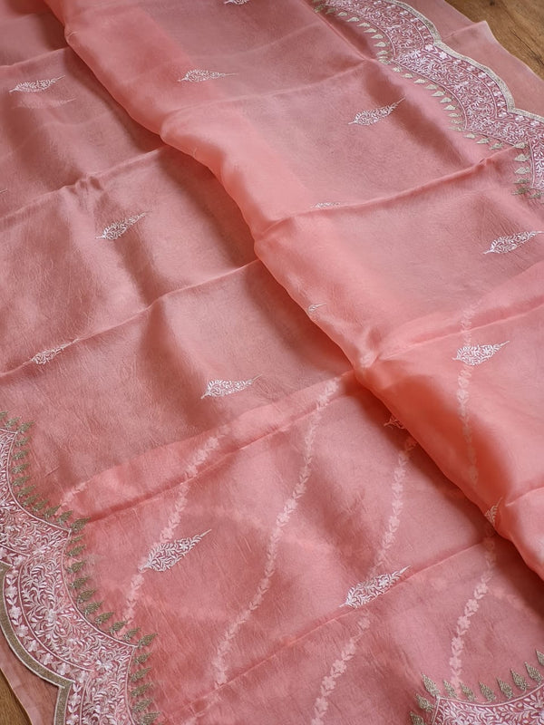 Peach Organza Saree with Embroidery Scallop Border