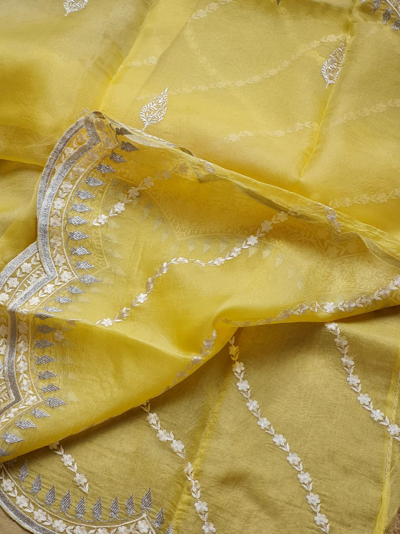 Yellow Organza Saree with Embroidery Scallop Border