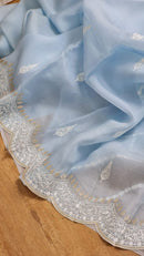 Pastel Blue Organza Saree with Embroidery Scallop Border
