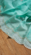 Blue Organza Saree with Embroidery Scallop Border