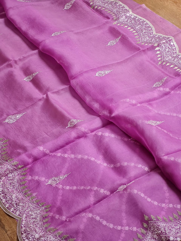 Pink Organza Saree with Embroidery Scallop Border