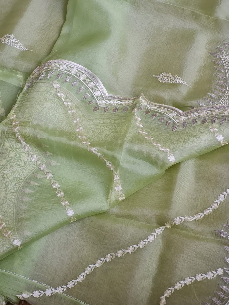 Green Organza Saree with Embroidery Scallop Border