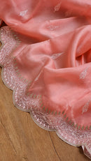 Peach Organza Saree with Embroidery Scallop Border