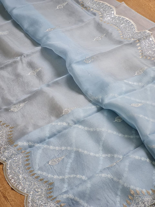 Pastel Blue Organza Saree with Embroidery Scallop Border