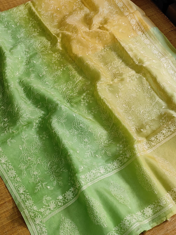 Yellow Green Dual Shade Organza Saree with Chikankari Embroidery Work