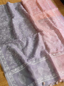 Grey Peach Dual Shade Organza Saree with Chikankari Embroidery Work