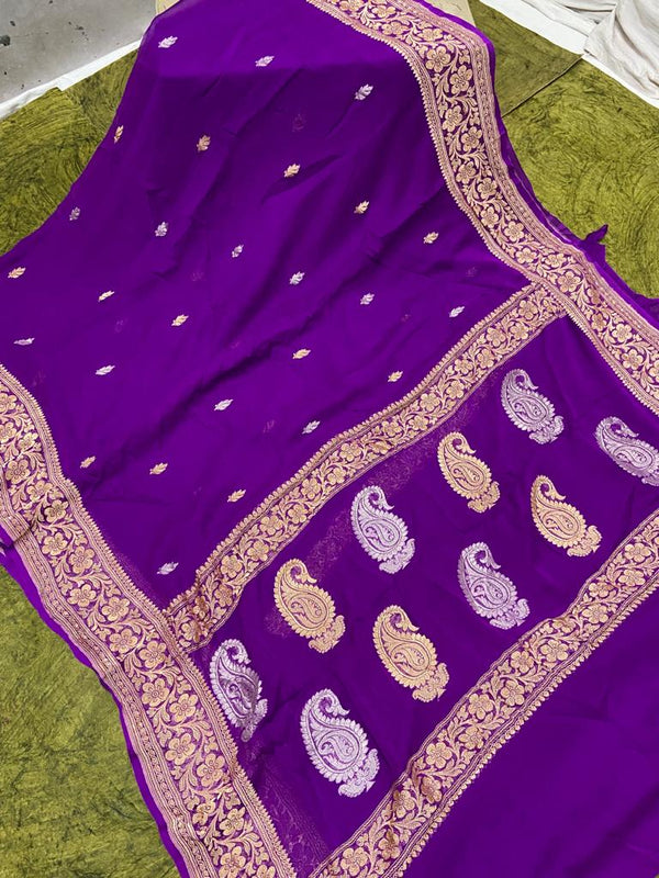Purple Banarasi Khaddi Georgette Silk Saree with Kaduwa Butti Gold & Silver Zari