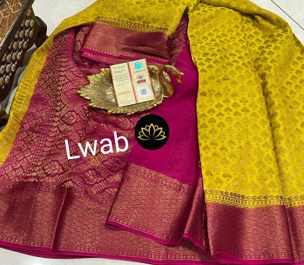 Yellow Wrinkle Mysore Crepe Silk Brocade Antique Zari Weaving