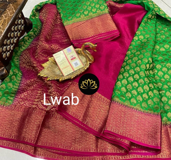 Parrot Green Wrinkle Mysore Crepe Silk Brocade Antique Zari Weaving
