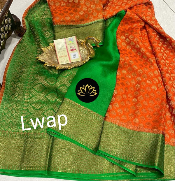 Orange Wrinkle Mysore Crepe Silk Brocade Antique Zari Weaving