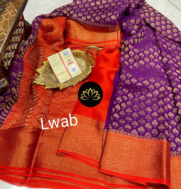 Purple Wrinkle Mysore Crepe Silk Brocade Antique Zari Weaving