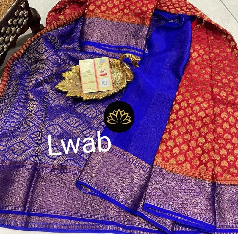 Red Wrinkle Mysore Crepe Silk Brocade Antique Zari Weaving