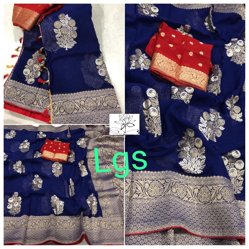 Blue Designer Khaddi Georgette Saree with Contrast Blouse