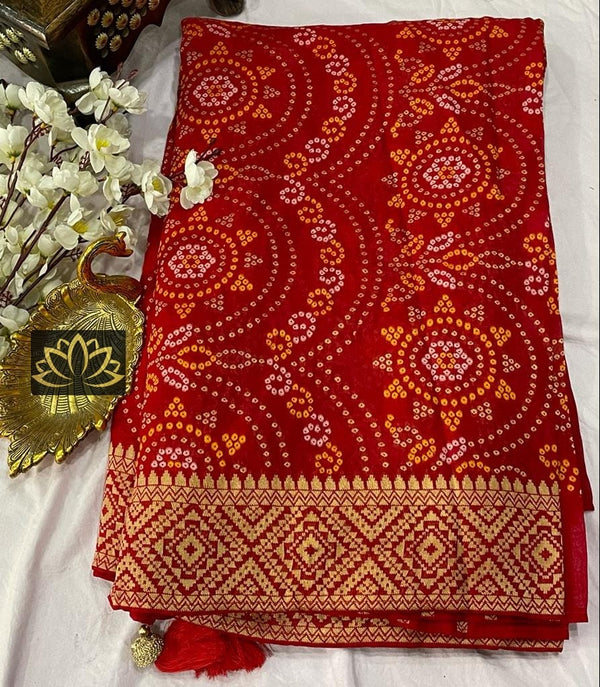 Red Designer Khaddi Georgette Saree with Bandinin Design