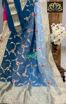 Designer Dual Shade Blue Khaddi Georgette Saree Meenakari Weaving Style