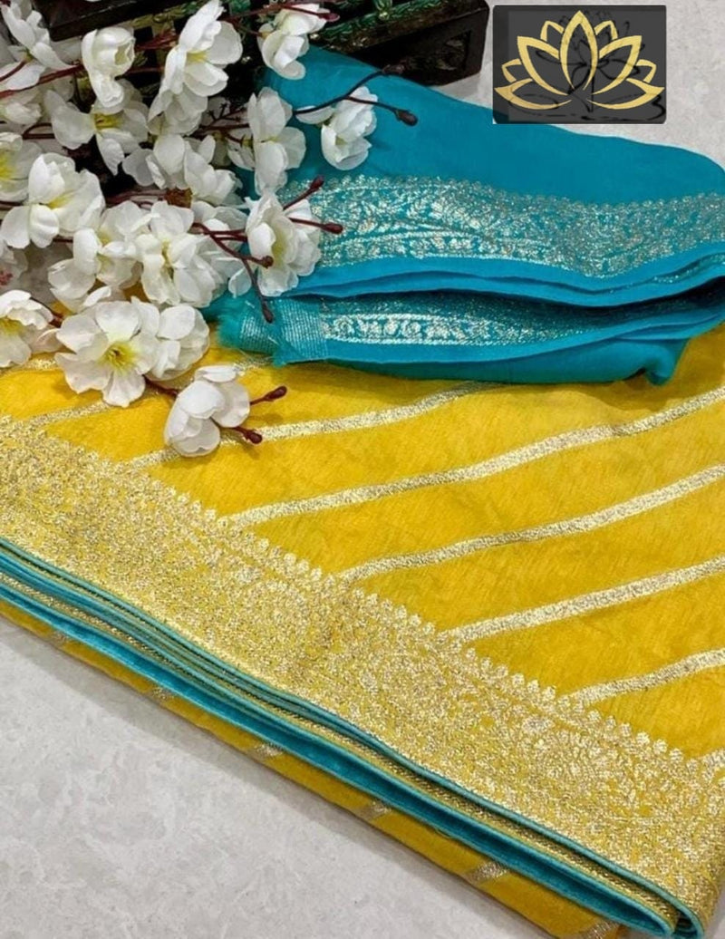 Designer Yellow Moonga Crepe Silk Lehariya Style