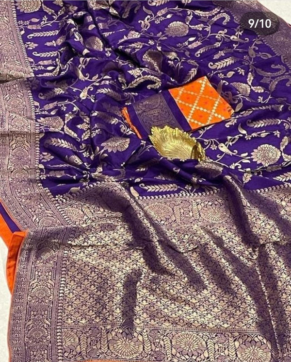 Purple Blue Moonga Crepe Silk Designer Saree