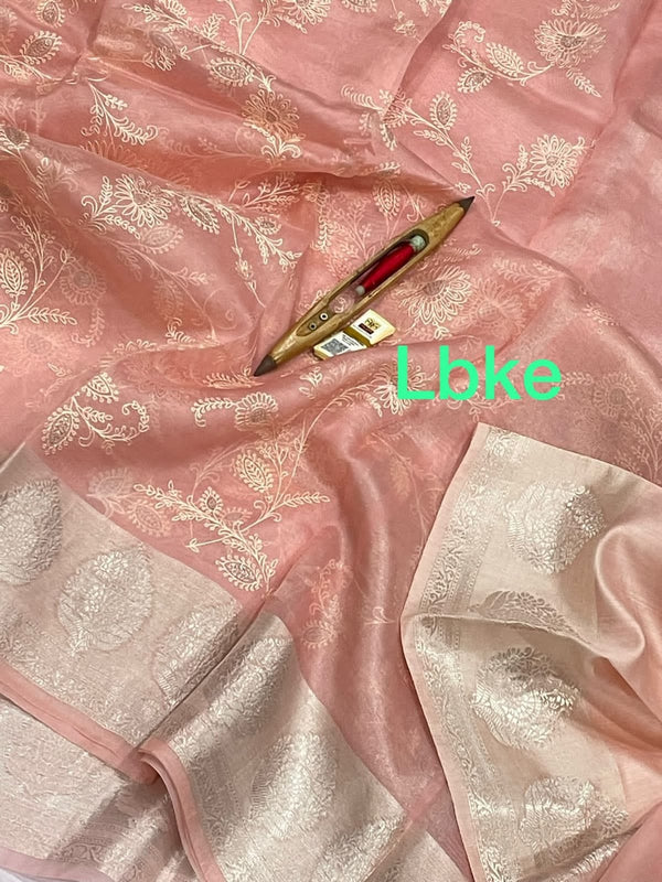 Pink Banarasi Kora Silk Saree with Chikankari Embroidery