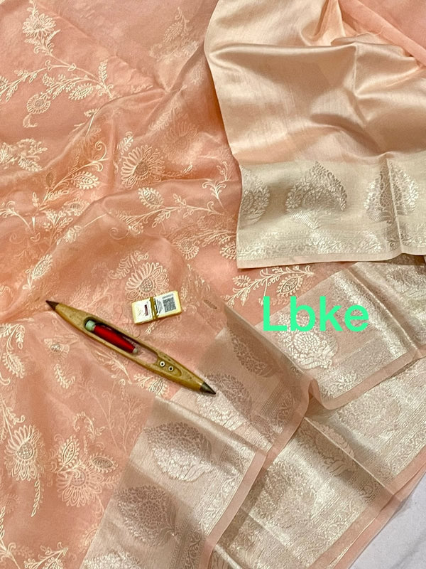 Peach Banarasi Kora Silk Saree with Chikankari Embroidery