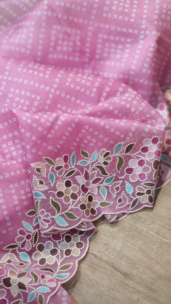 Pink Organza Saree Embroidery Pearl Border with Bandhani Print