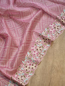 Pink Organza Saree Embroidery Pearl Border with Bandhani Print
