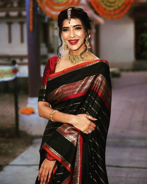 Black Handloom Kanchipuram Silk Saree with Golden Zari Lines