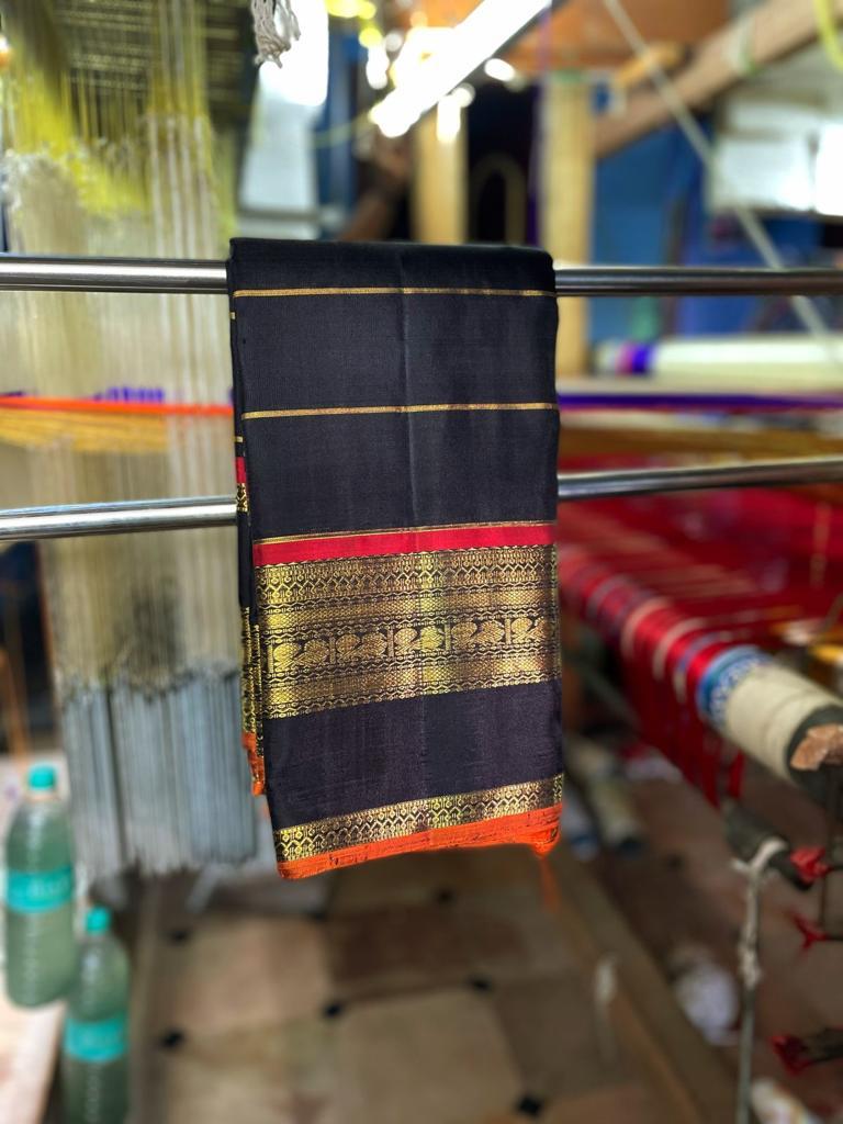 Black Handloom Kanchipuram Silk Saree with Golden Zari Lines