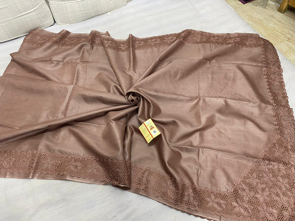 Pastel Shade Cutwork Pure Tussar Silk Saree
