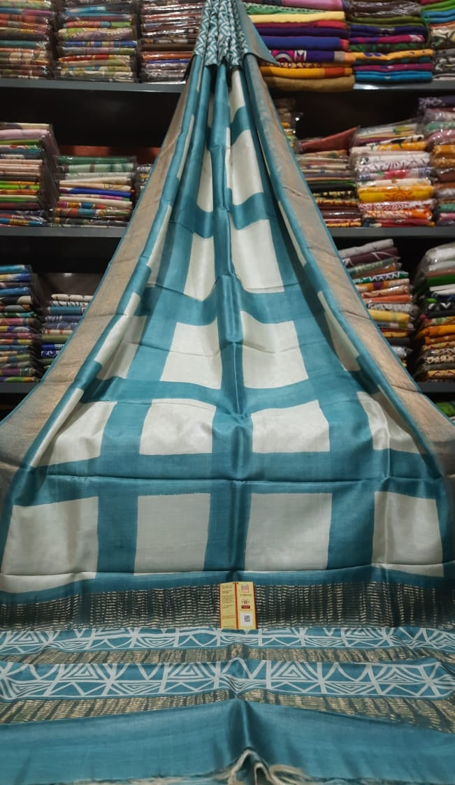 Blue Block Printed Pure Tussar Silk Saree with Zari Border