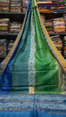 Blue Block Printed Pure Tussar Silk Saree with Zari Border