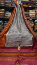 Half White Block Printed Pure Tussar Silk Saree with Zari Border