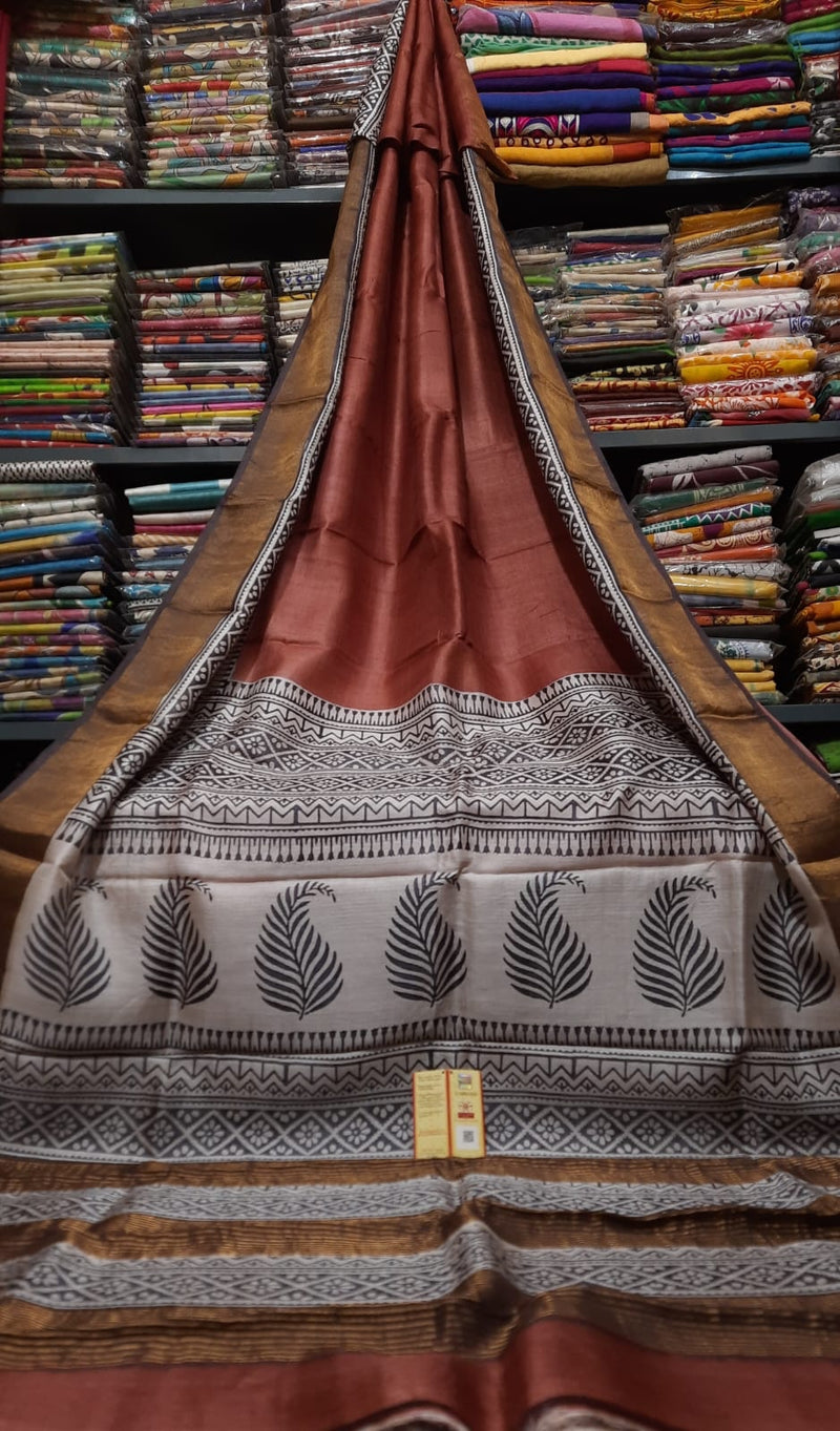 Brown Block Printed Pure Tussar Silk Saree with Zari Border